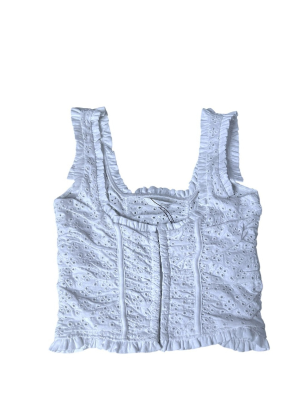 Zara White Eyelet Lace Ruched Ruffle Boho Corset Cotton Crop Top Size Small - Picture 9 of 15